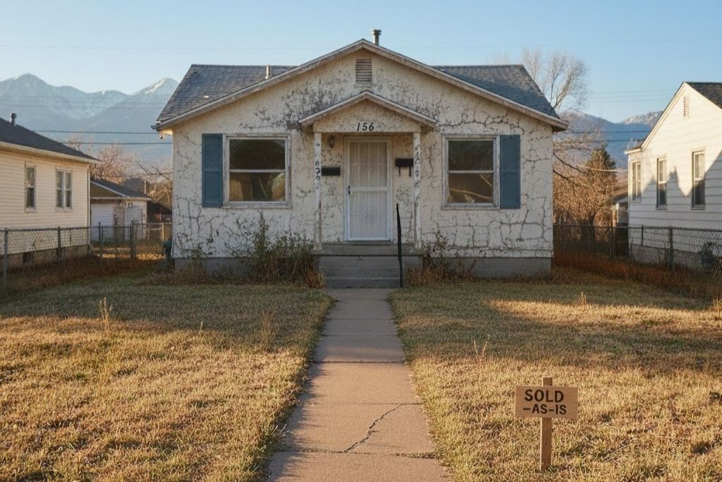 A dilapidated house in Denver with a "Sold As-Is" sign